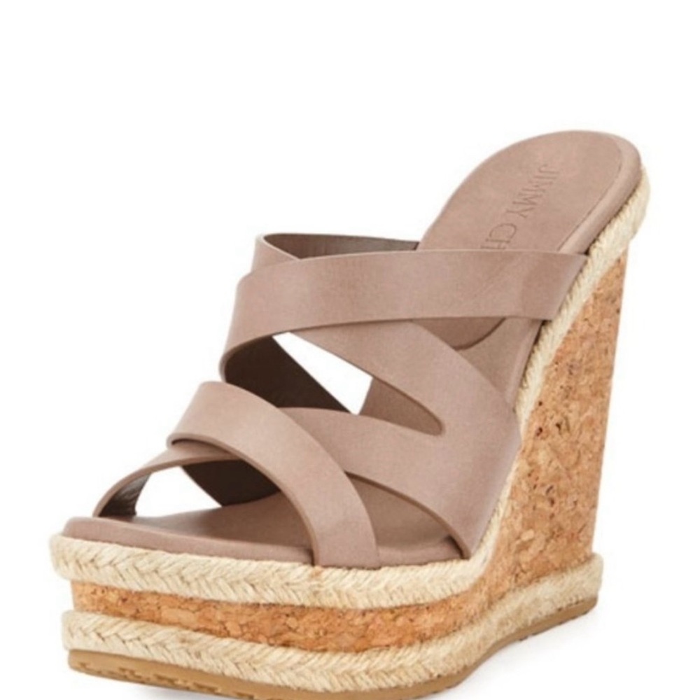 Jimmy Choo Taupe Crisscross Wedge Espadrille Slides